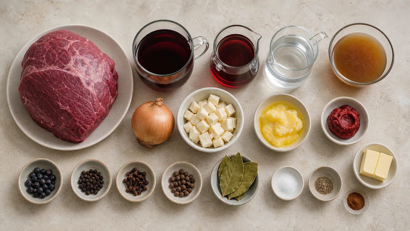 Zutaten für Keto Sauerbraten: Rinderbraten in der Rotweinbeize mit Wacholder, Lorbeer, Nelken und Zwiebeln