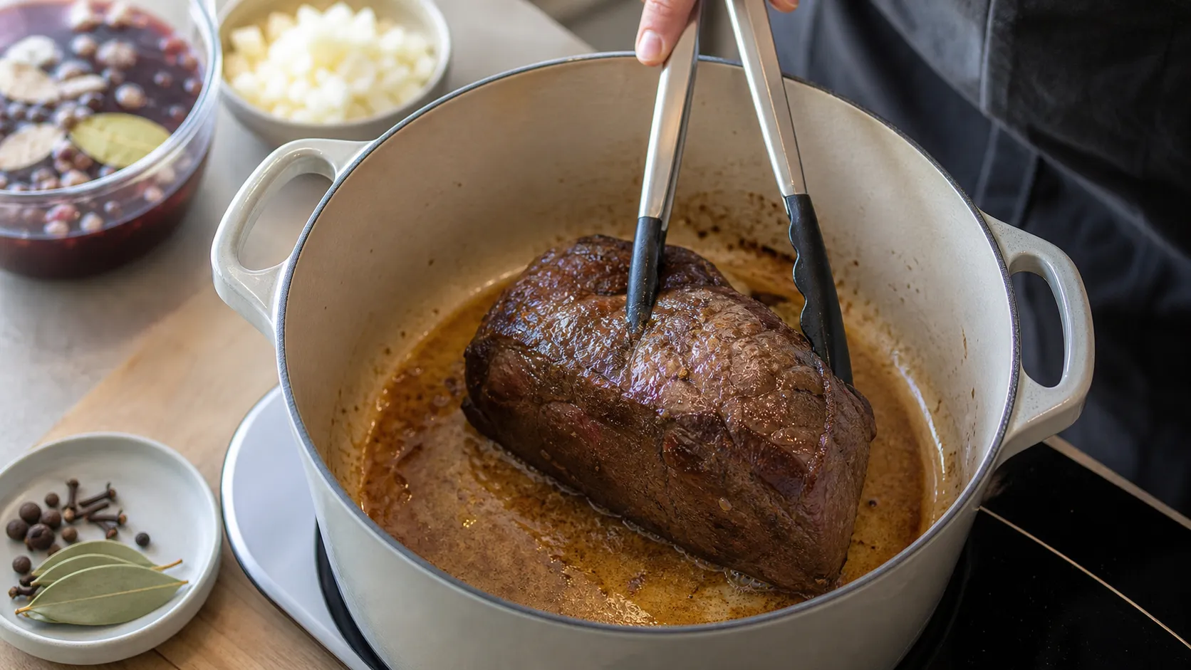 Der gebeizte Rinderbraten wird im Schmortopf von allen Seiten angebraten
