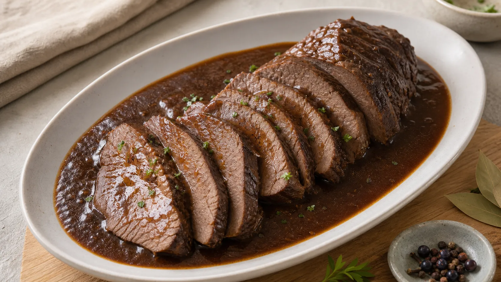 Aufgeschnittener Keto Sauerbraten mit dunkler Sauce auf einer Servierplatte