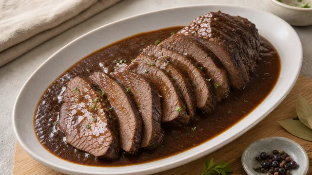 Aufgeschnittener Keto Sauerbraten mit dunkler Sauce auf einer Servierplatte