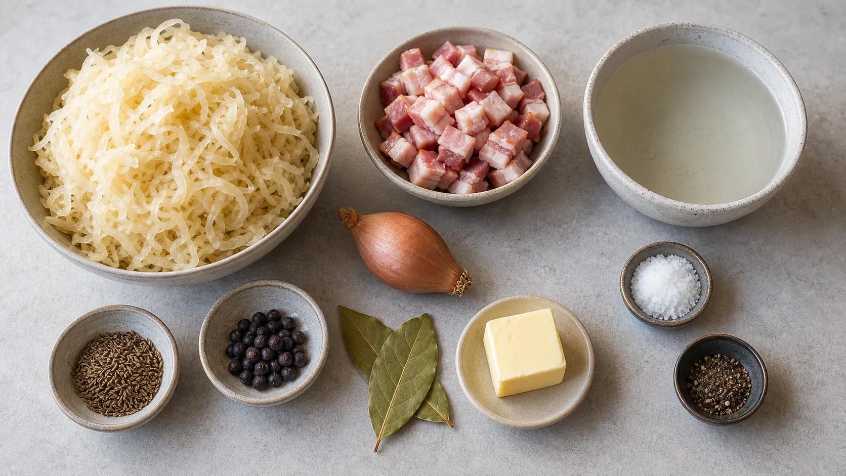 Zutaten für Sauerkraut mit Kümmel und Speck: rohes Sauerkraut, Speck, Schalotte, Butter, Kümmel, Lorbeer und Wacholder