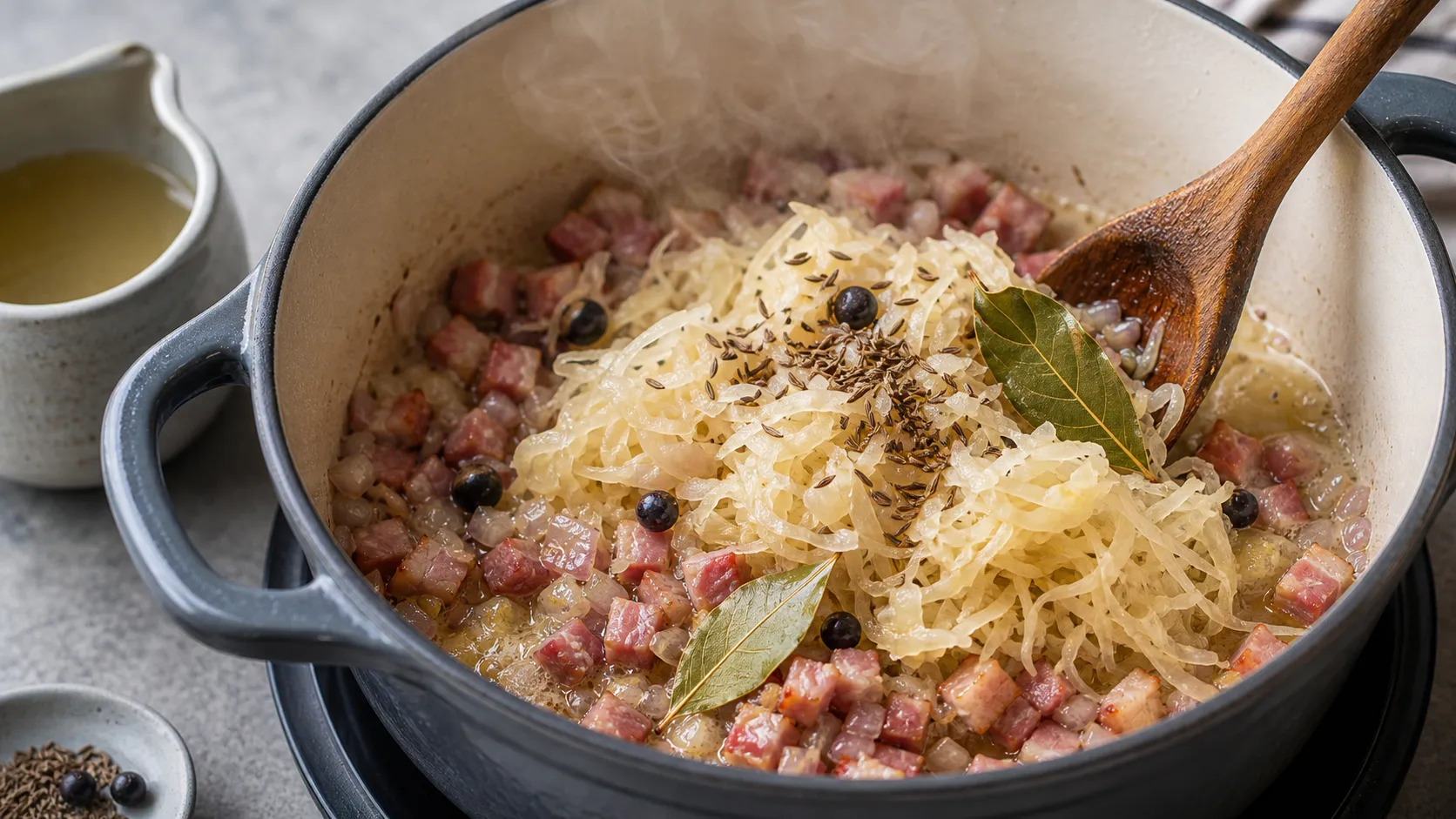 Sauerkraut wird mit Speck, Schalotte, Kümmel, Lorbeer und Wacholder in einem Topf angeschmort