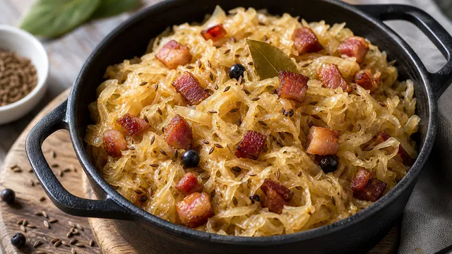 Geschmortes Keto-Sauerkraut mit Speckwürfeln, Kümmel, Lorbeer und Wacholder in einem Topf
