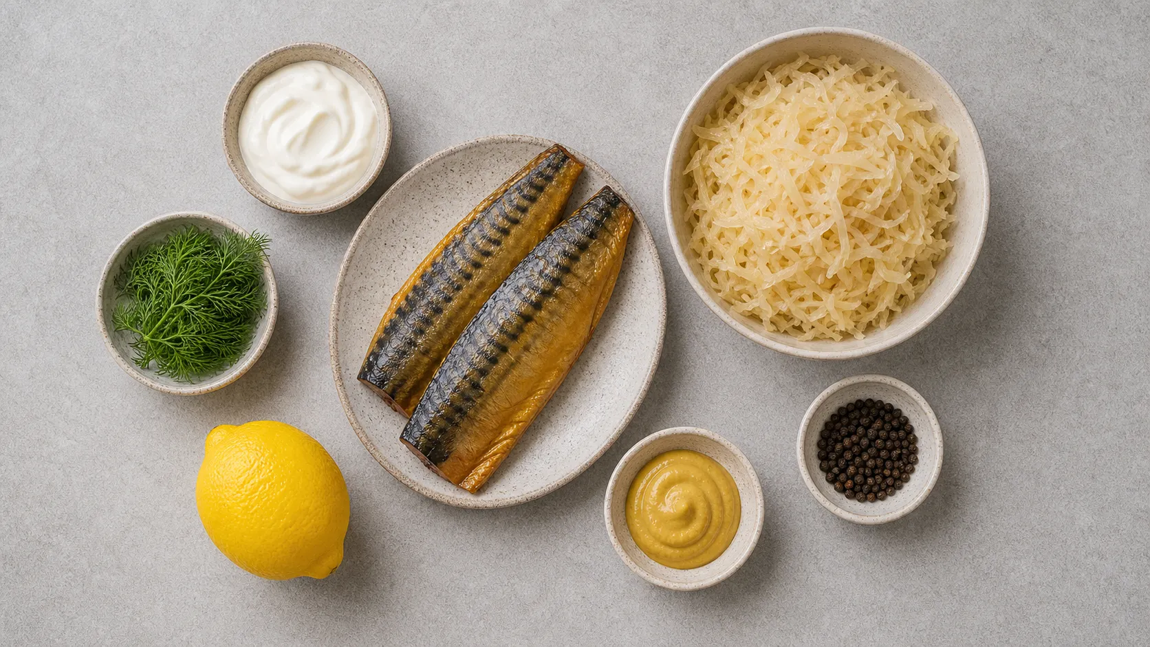Zutaten für Keto Sauerkraut-Makrelen-Bowl: Räuchermakrele, Sauerkraut, Schmand, Dill und Senf als Flatlay