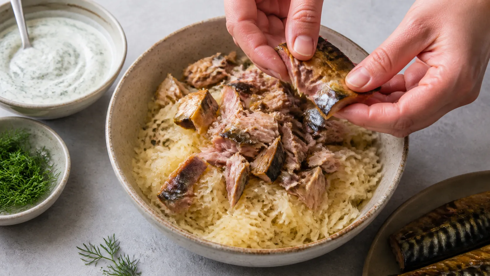 Makrelenfilet wird in Stücke gebrochen und mit Sauerkraut in der Bowl angerichtet