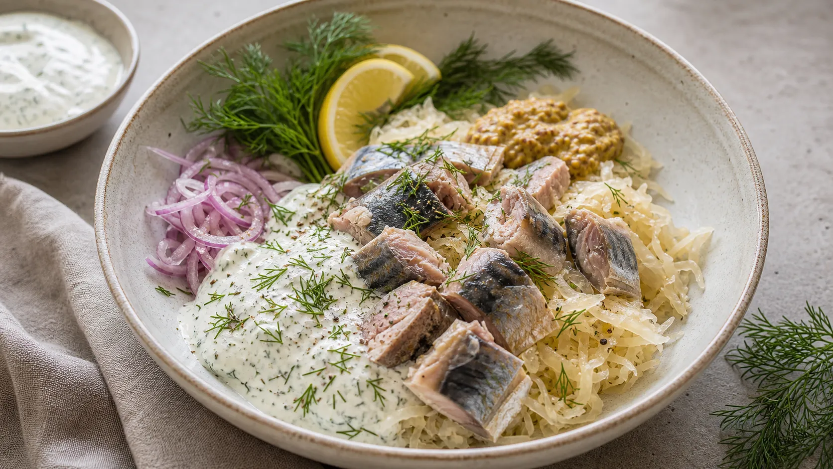 Keto Sauerkraut-Makrelen-Bowl mit Makrelenfilets, Sauerkraut, Schmand und frischem Dill in einer Schüssel