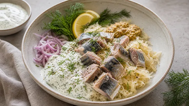 Keto Sauerkraut-Makrelen-Bowl mit Makrelenfilets, Sauerkraut, Schmand und frischem Dill in einer Schüssel