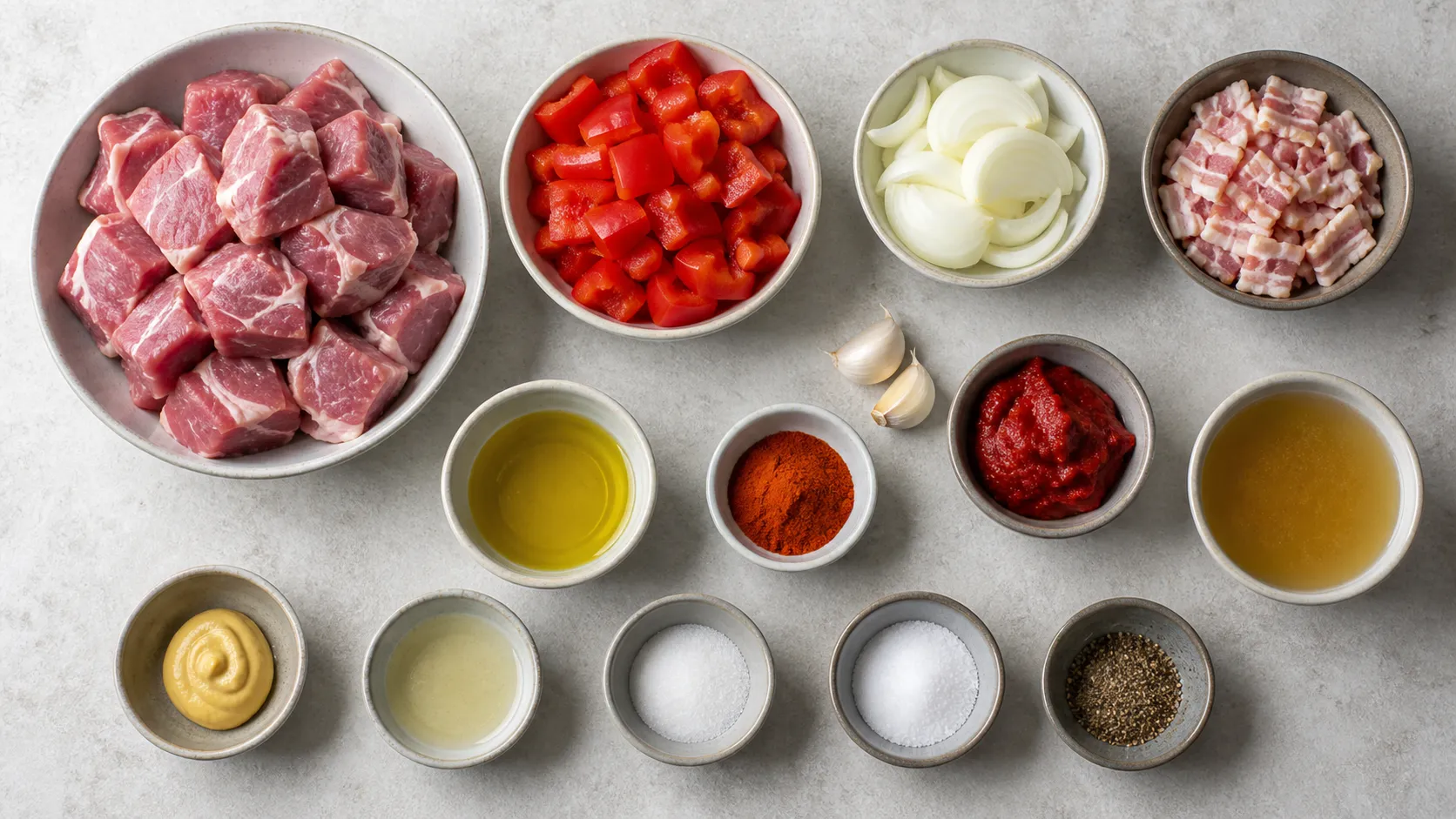 Zutaten für Keto-Schaschlik: gewürfelter Schweinenacken, rote Paprika, Zwiebel, Speck, Paprikapulver und Tomatenmark