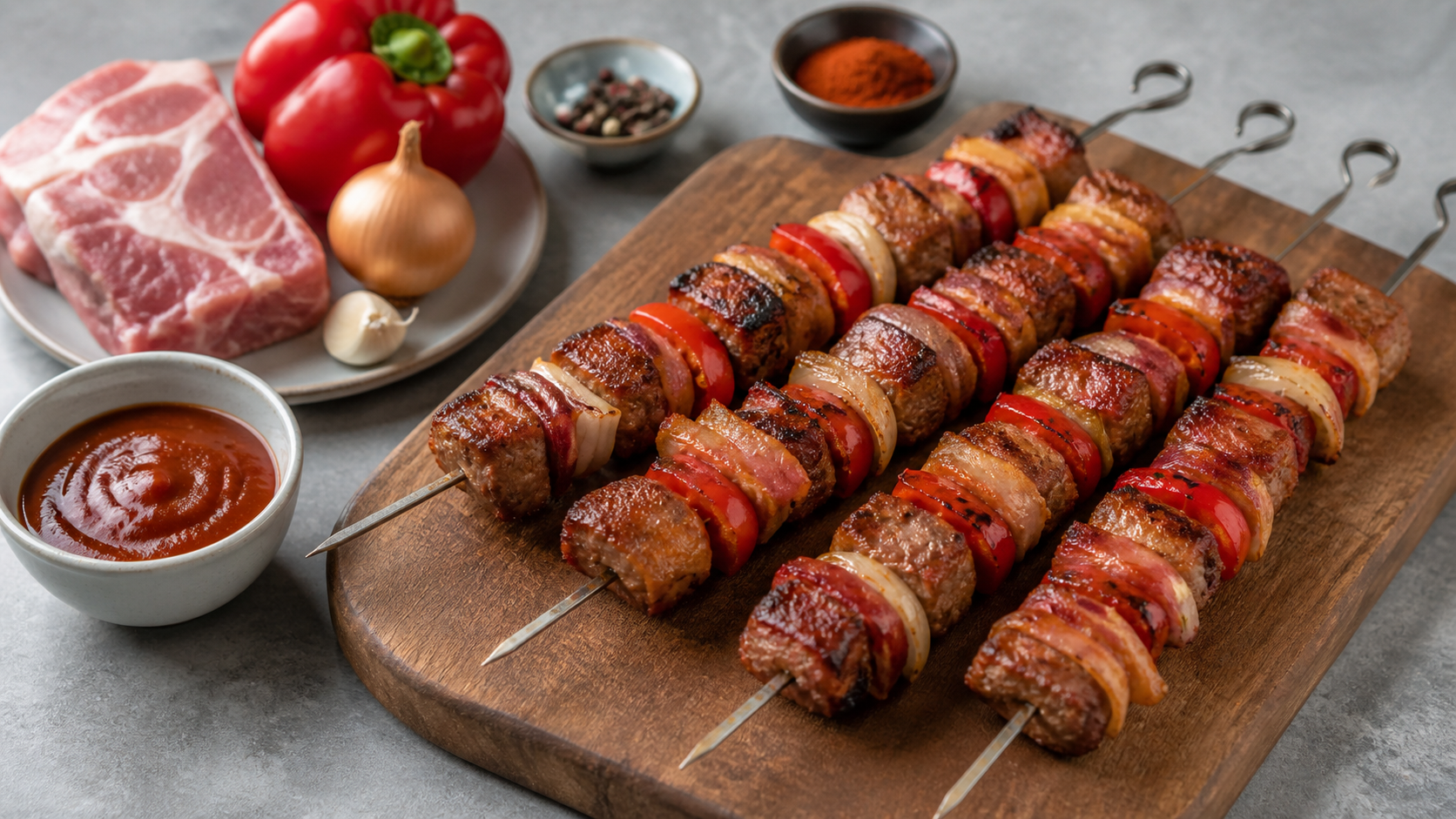 Vier gegrillte Keto-Schaschlikspieße mit Schweinenacken, Paprika und Zwiebel auf einem Holzbrett