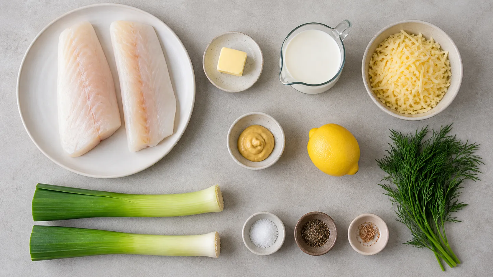 Zutaten für das Fischgratin: Schellfischfilet, Lauchstangen, Sahne, geriebener Bergkäse, Senf, Zitrone und Dill