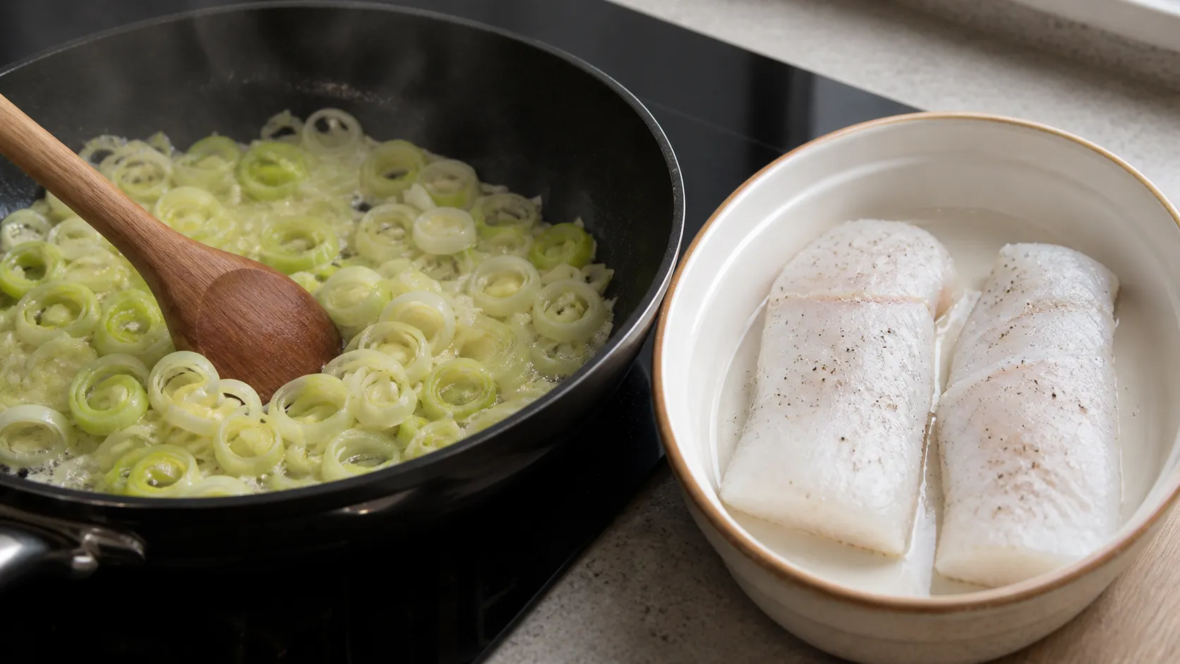 Lauchringe dünsten in Butter in einer Pfanne, daneben eine Auflaufform mit Fischfilets