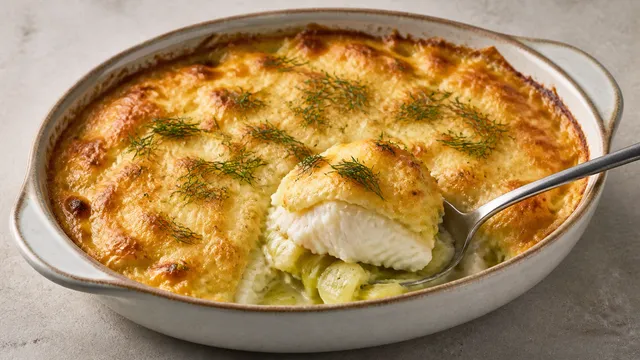 Ofenfeste Form mit überbackenem Schellfisch auf Lauchgemüse unter goldbrauner Käsekruste, garniert mit Dill