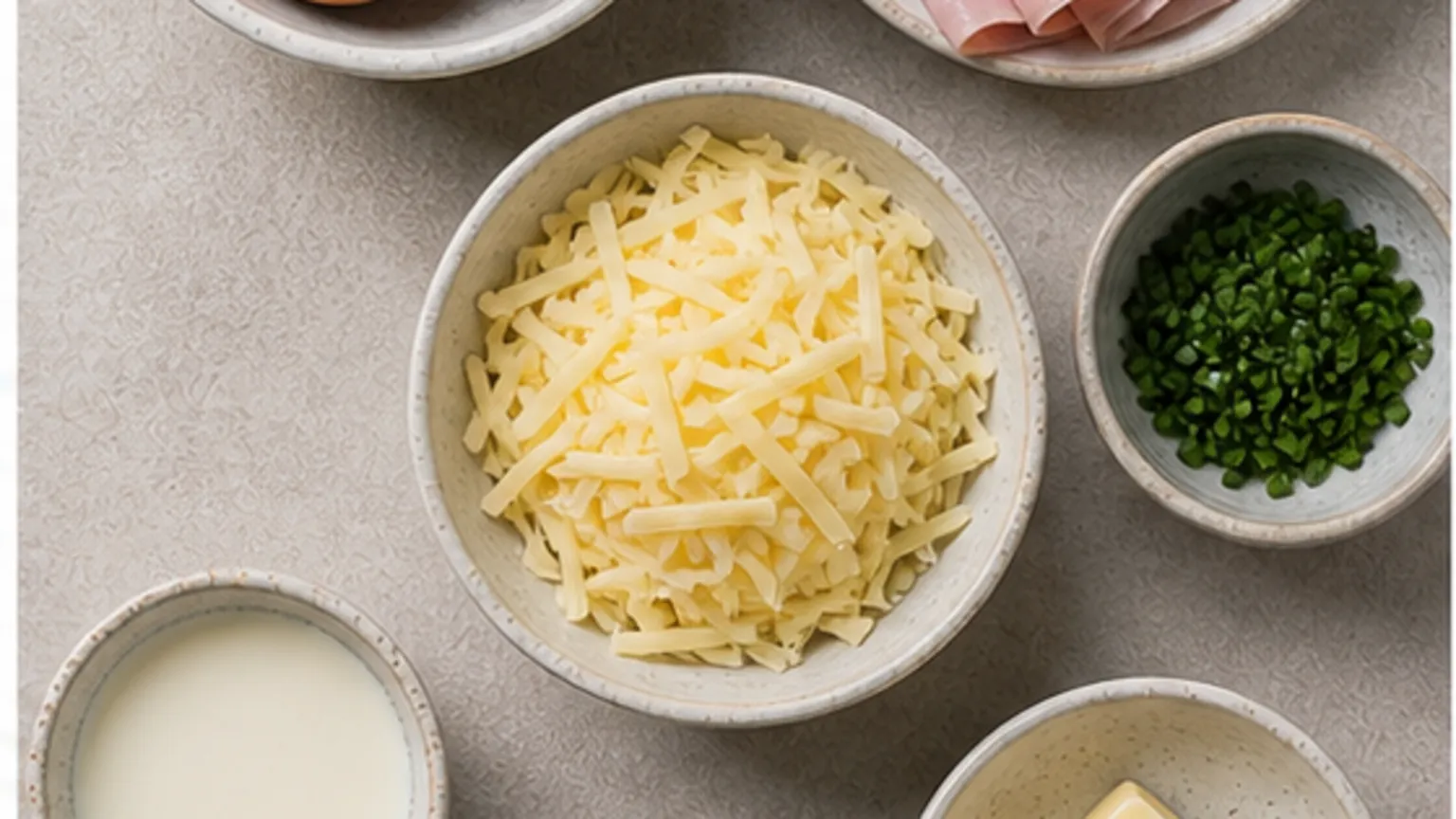 Zutaten für Keto-Schinken-Käse-Omelett – das schnelle Werktags-Frühstück: 5 Eier, gekochter Schinken, geriebener Gouda, Sahne, Butter