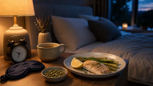 Abendliche Schlafzimmerszene mit Tee, Schlafmaske und einem Low-Carb-Teller mit Fisch und Spargel