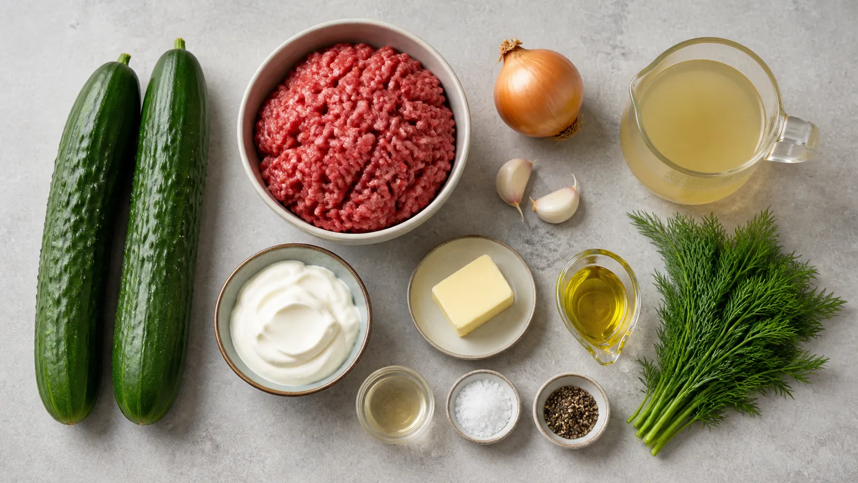 Zutaten für Schmorgurken: Salatgurken, Rinderhackfleisch, Zwiebeln, Knoblauchzehen, Schmand, Butter, Dill und Weißweinessig