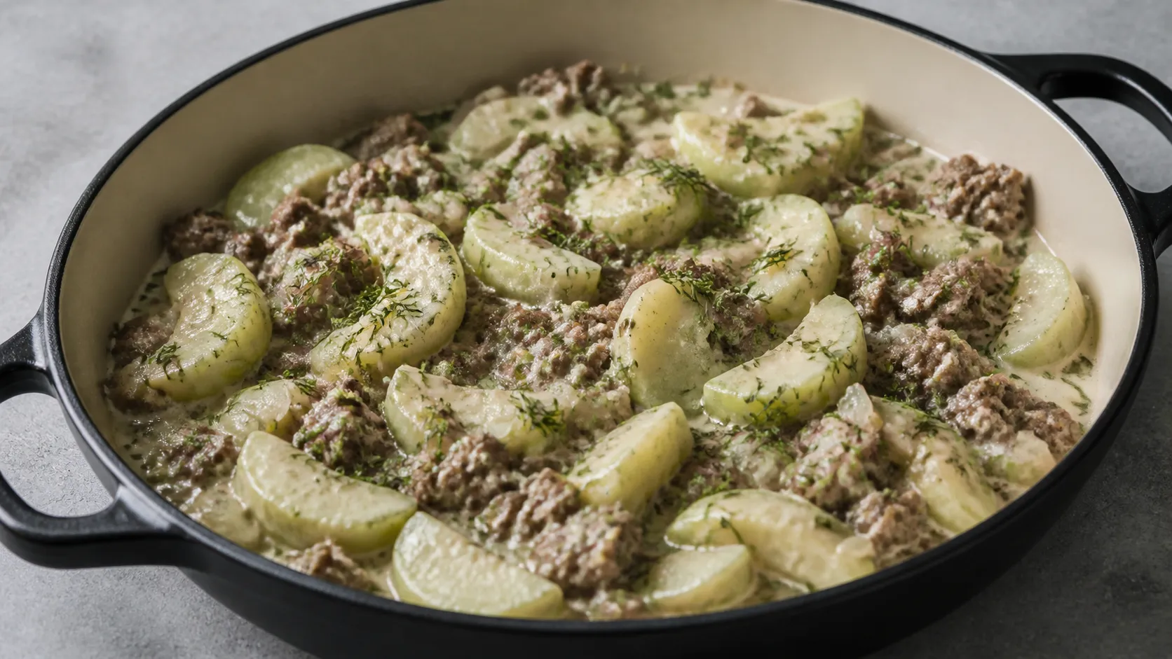 Pfanne mit geschmorten Gurkenstücken und Rinderhackfleisch in heller Schmandsauce, bestreut mit frischem Dill