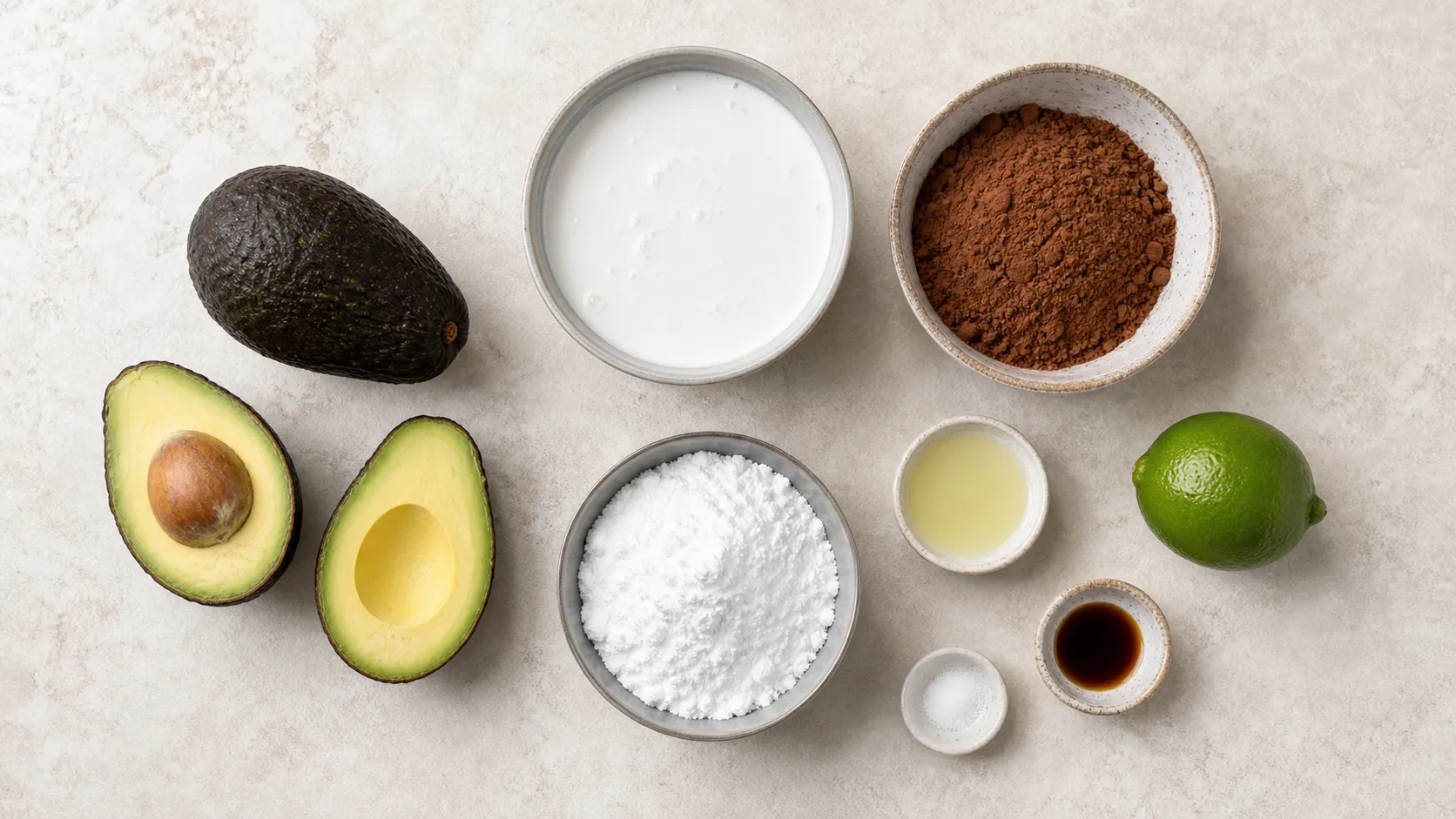 Zutaten für Keto Schoko-Avocado-Eis: reife Avocados, Kokosmilch, Backkakao, Erythrit und Limette