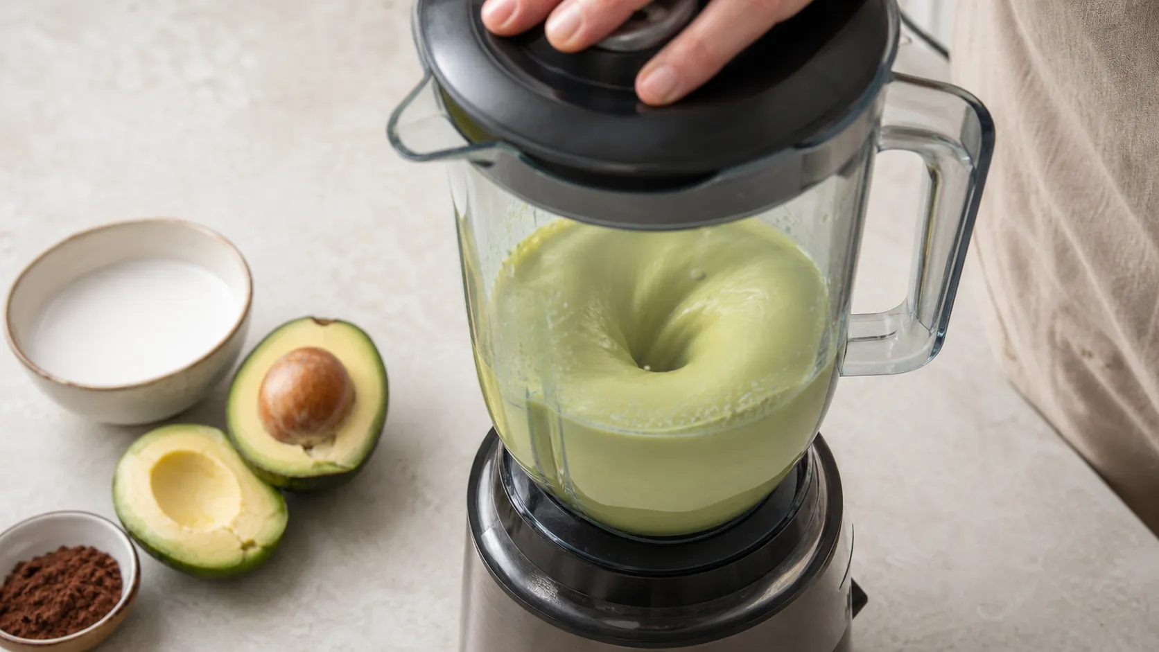 Avocado und Kokosmilch werden im Mixer zu einer glatten Masse verarbeitet