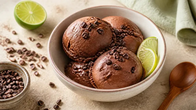 Dunkle Kugeln Keto Schoko-Avocado-Eis in einer Schale mit Kakaonibs