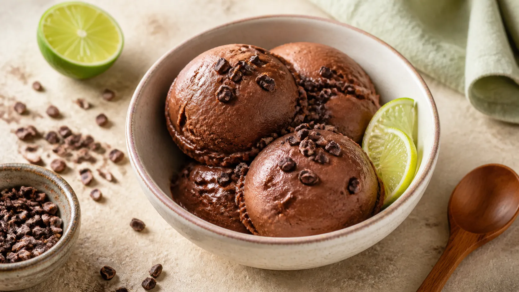 Dunkle Kugeln Keto Schoko-Avocado-Eis in einer Schale mit Kakaonibs