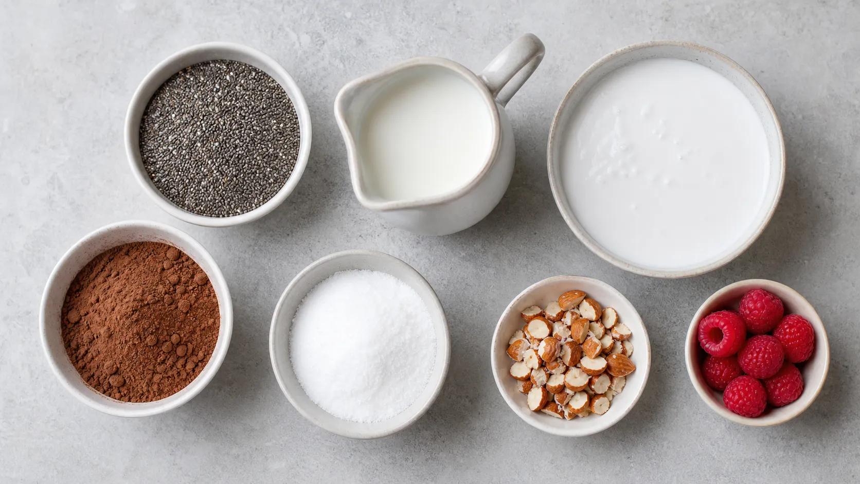 Zutaten für Keto-Schoko-Chia-Pudding mit Chiasamen, Mandelmilch, Kokosmilch, Kakao und Erythrit