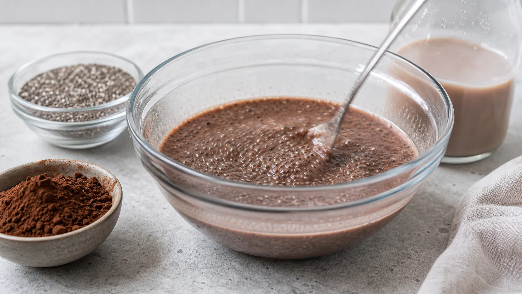 Chiasamen werden mit Kakao und Mandelmilch verrührt und quellen im Glas zu Pudding auf