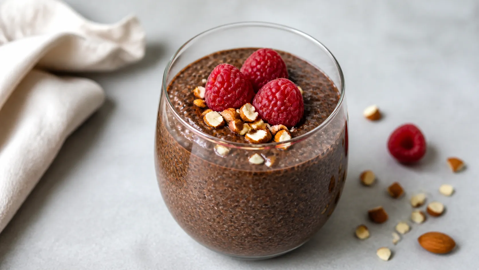 Cremiger Keto-Schoko-Chia-Pudding mit Kakao im Glas, garniert mit Himbeeren und gehackten Mandeln