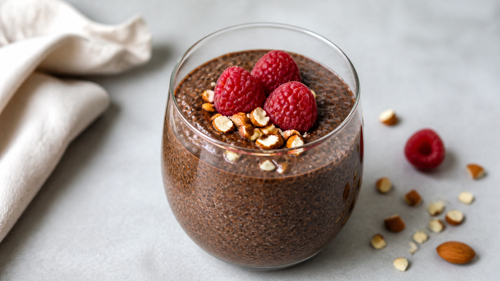 Cremiger Keto-Schoko-Chia-Pudding mit Kakao im Glas, garniert mit Himbeeren und gehackten Mandeln