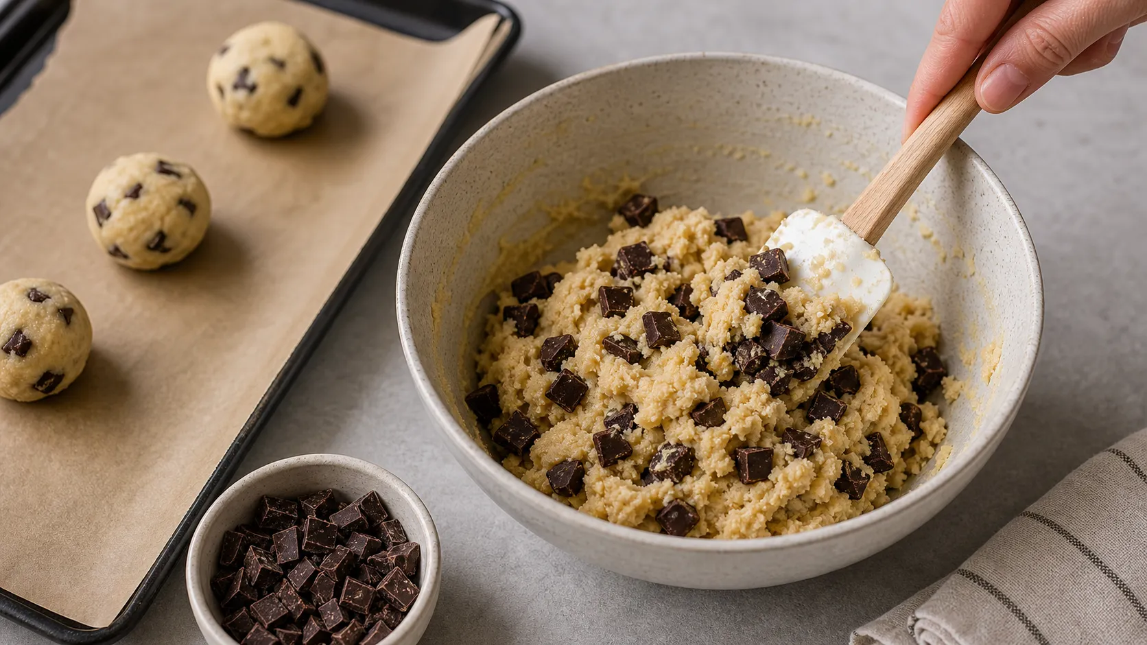 Dunkle Schokoladenstücke werden unter Keto Cookie-Teig aus Mandelmehl gehoben