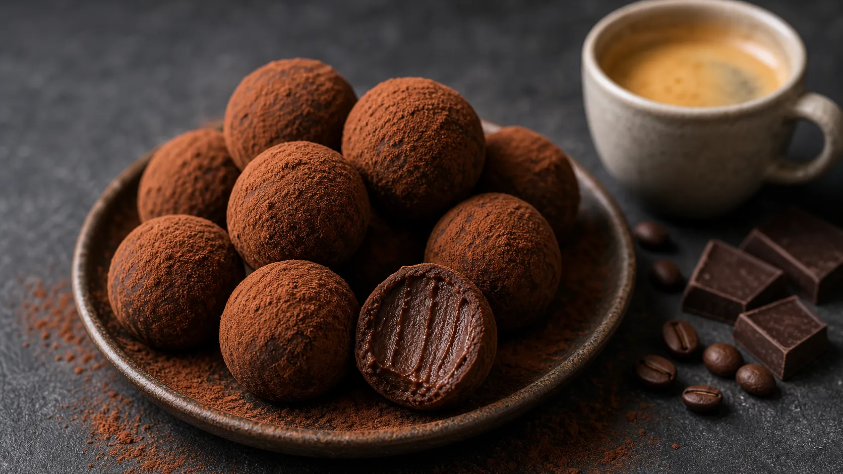 Keto Schoko-Espresso-Trüffel mit Kakaopulver auf dunkler Platte