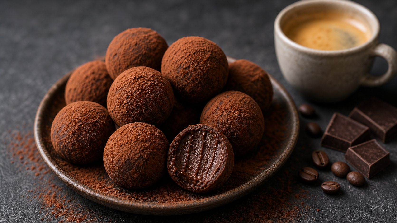 Keto Schoko-Espresso-Trüffel mit Kakaopulver auf dunkler Platte
