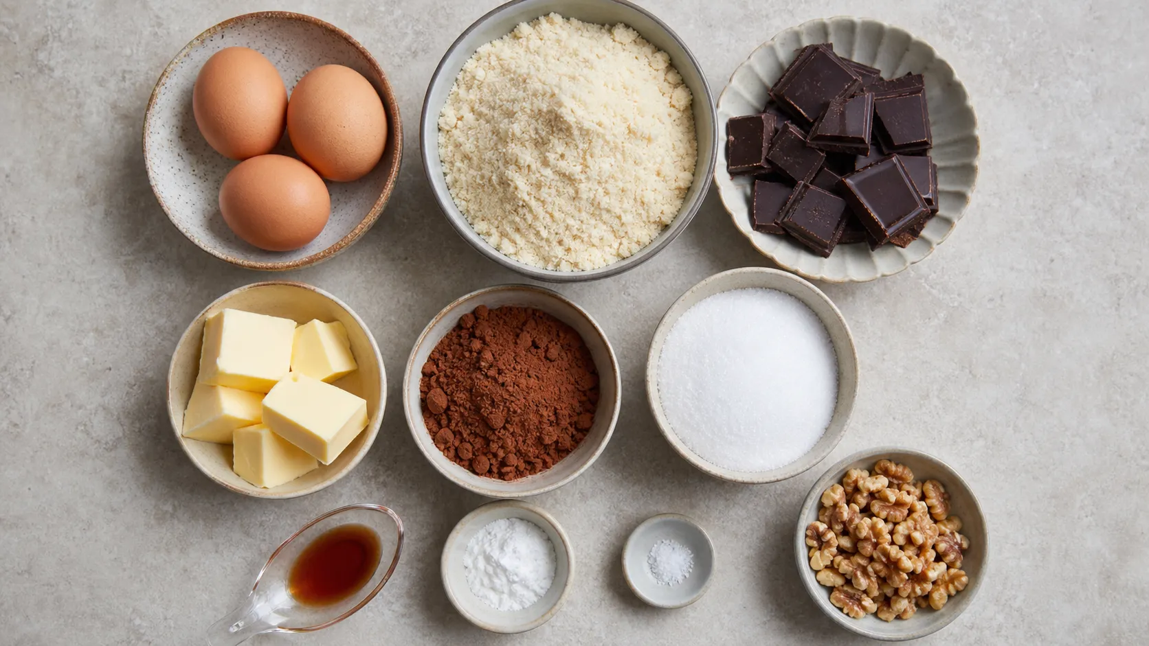 Zutaten für Keto Schoko-Walnuss-Brownies mit Mandelmehl, Eiern, Butter, Kakao und Walnüssen