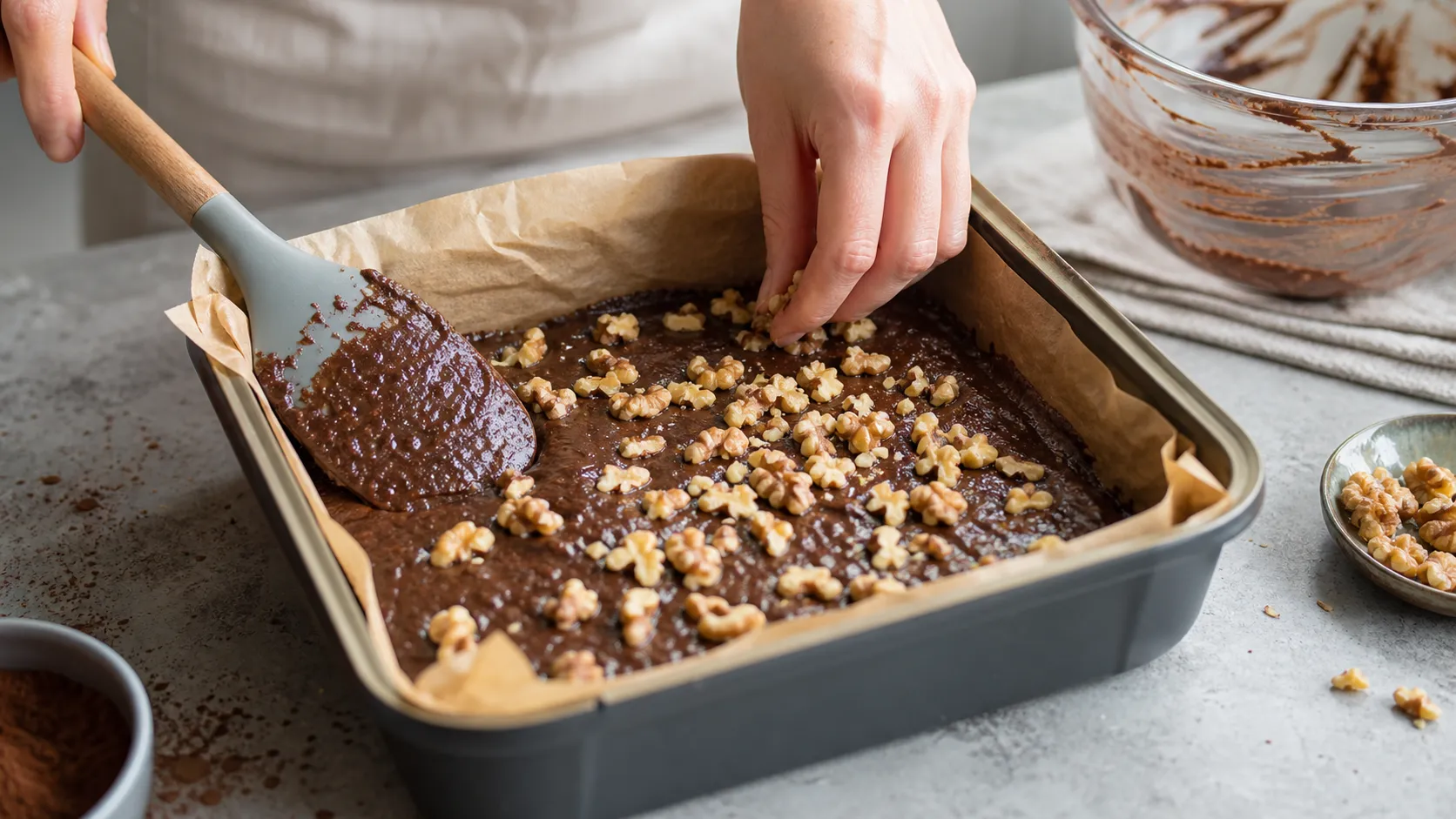 Keto-Brownie-Teig in Backpapierform verstreichen und Walnüsse vor dem Backen auflegen