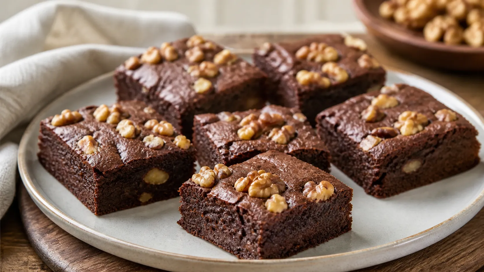Saftige Keto Schoko-Walnuss-Brownies aus Mandelmehl auf einem Teller angerichtet
