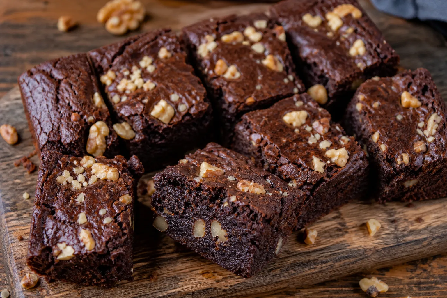 Keto Schoko-Walnuss-Brownies aus Mandelmehl auf einem Holzbrett angerichtet, saftig und dunkel