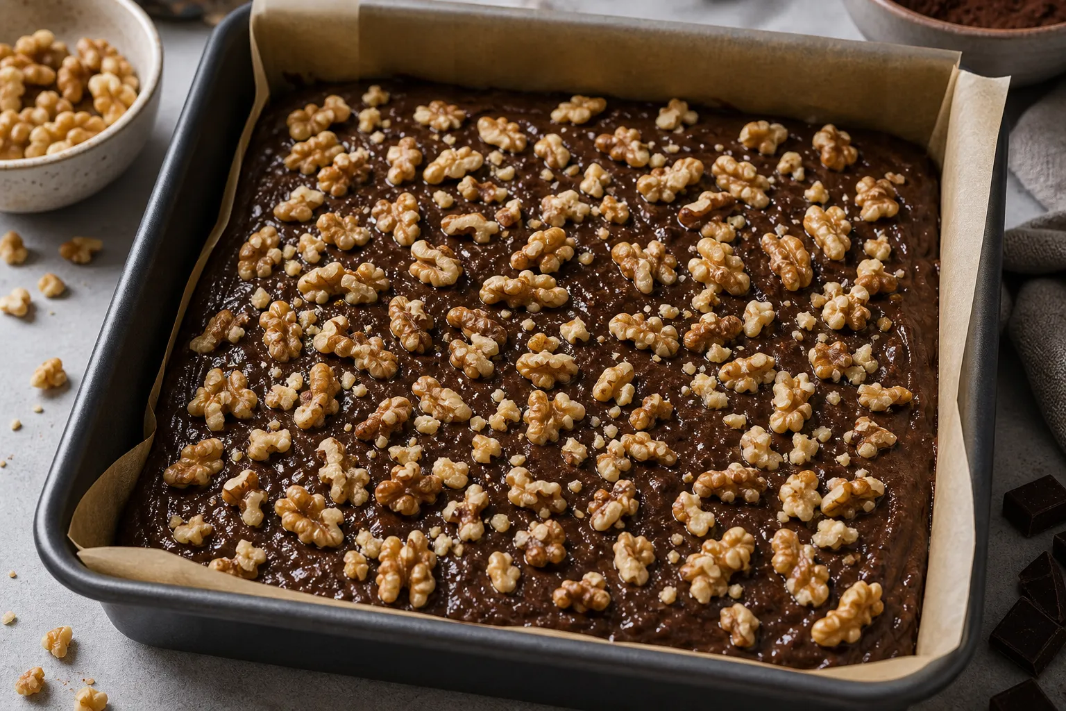 Keto-Brownie-Teig in Backform füllen und Walnüsse obenauf verteilen vor dem Backen
