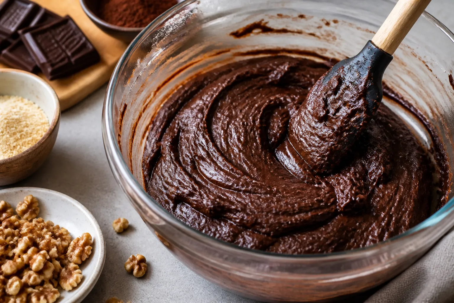 Keto-Brownie-Teig aus Mandelmehl, Butter und Schokolade in der Schüssel mischen
