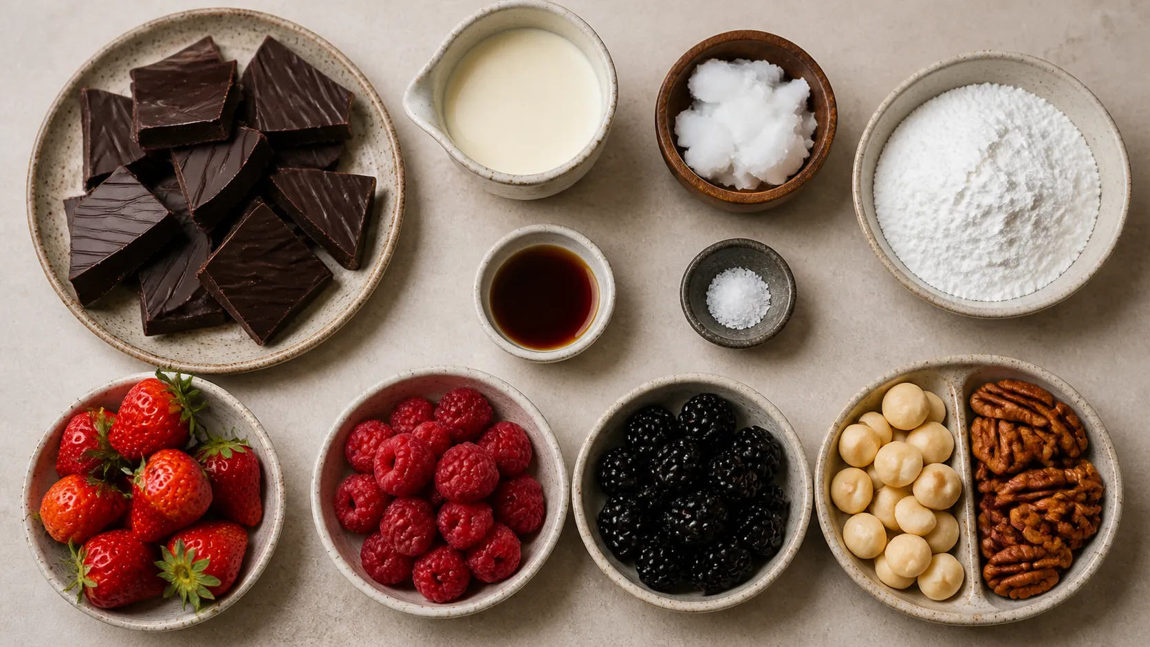 Zutaten für Keto Schokoladen-Fondue: Zartbitterschokolade, Sahne, Kokosöl, Erythrit, Beeren und Nüsse