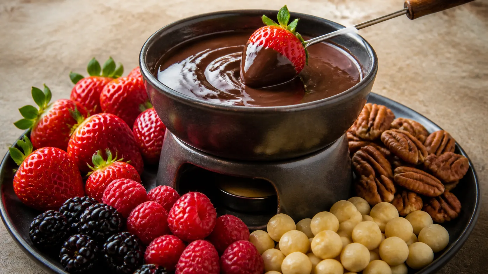 Keto Schokoladen-Fondue im Töpfchen mit Erdbeeren, Himbeeren, Brombeeren und Macadamianüssen zum Dippen