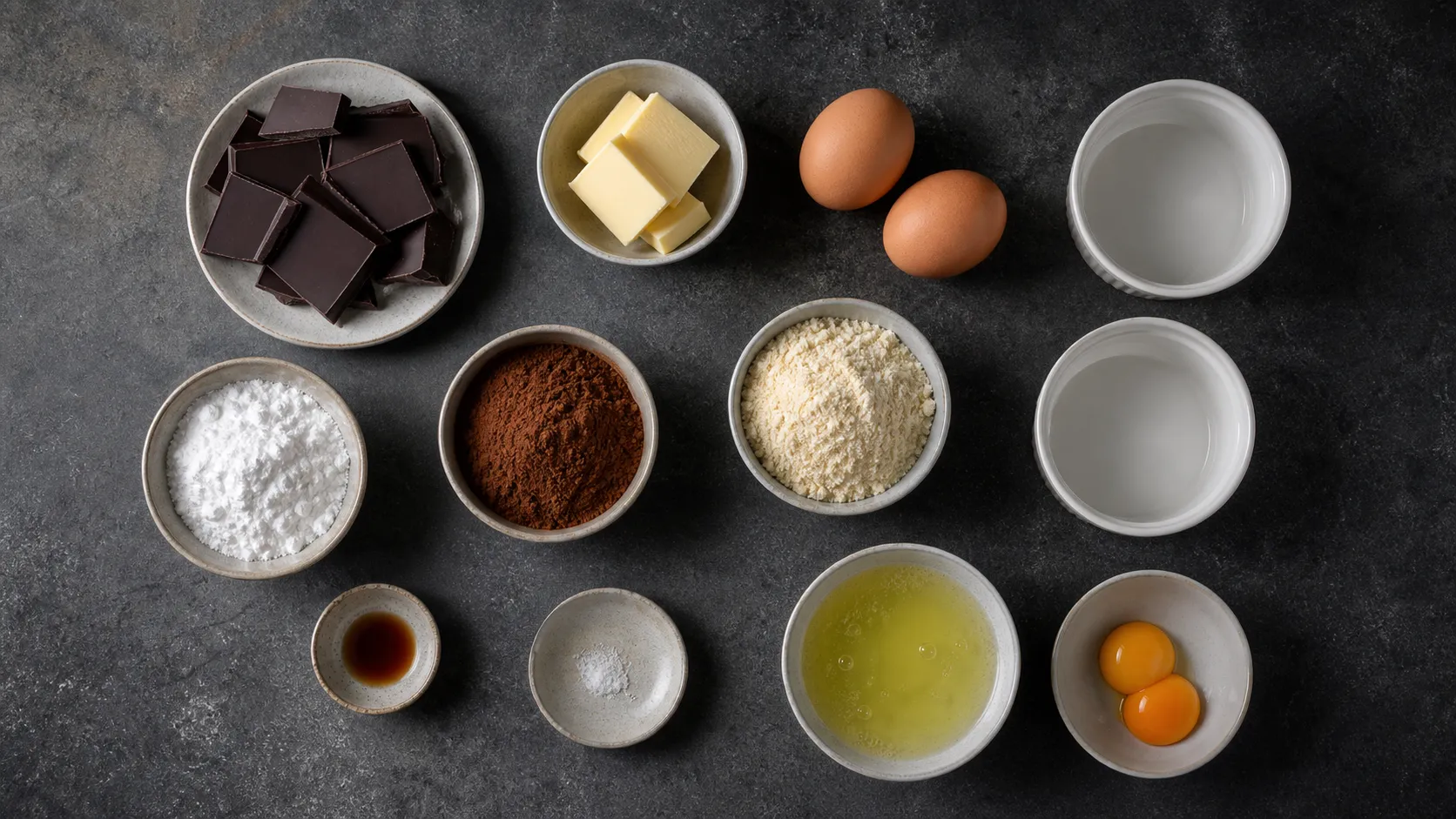 Zutaten für Keto Schokoladen-Soufflé: zuckerarme Zartbitterschokolade, Butter, Eier, Erythrit, Kakao und Mandelmehl