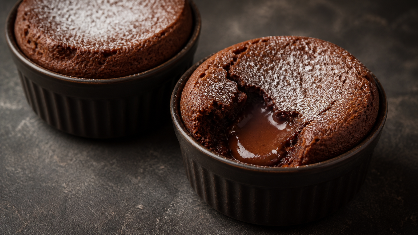 Keto Schokoladen-Soufflé in einem Förmchen, aufgegangen und mit Erythrit-Puder bestäubt