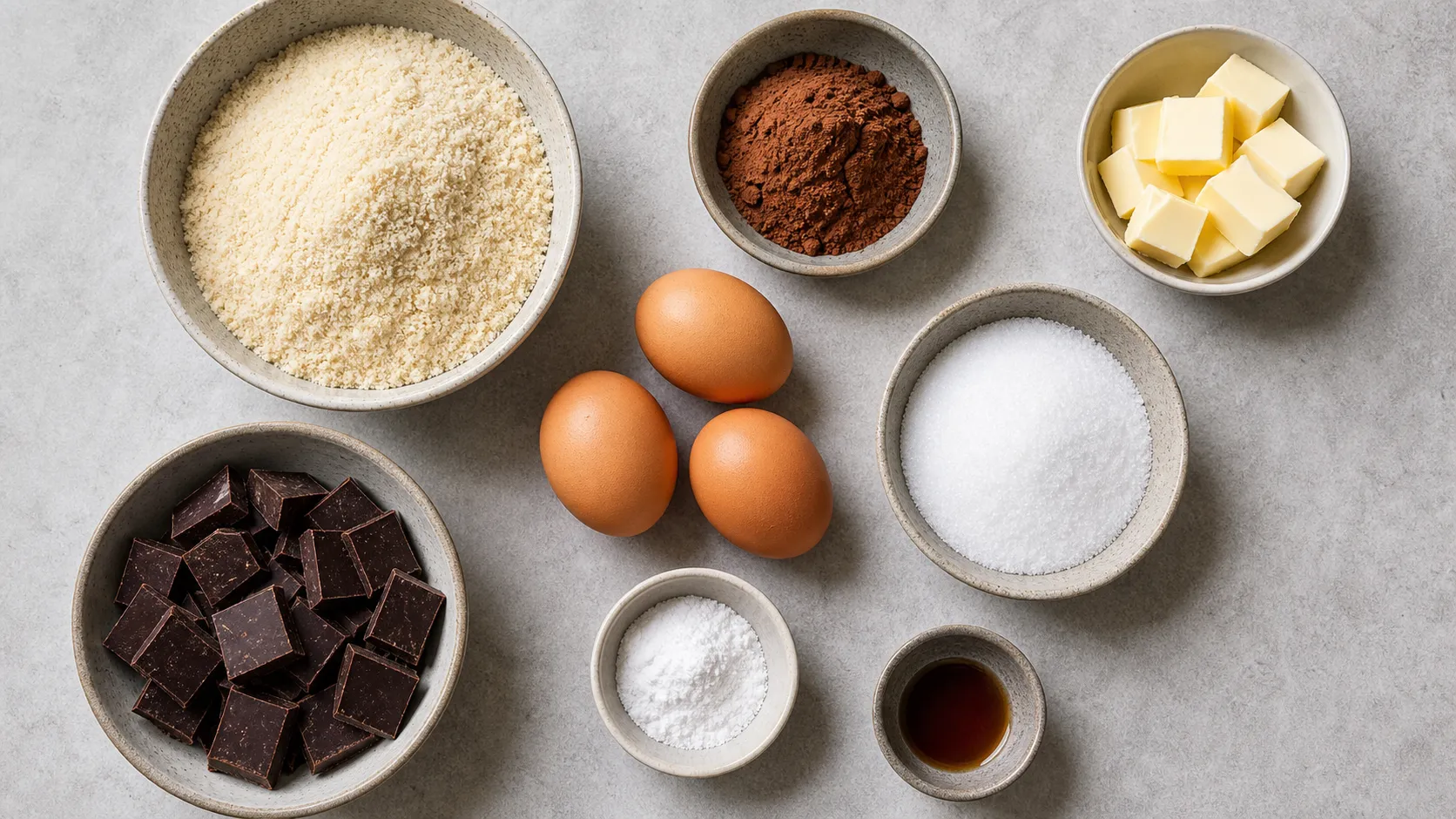 Zutaten für Keto Schokoladenkuchen: Mandelmehl, Kakao, Eier, Butter und dunkle Schokolade