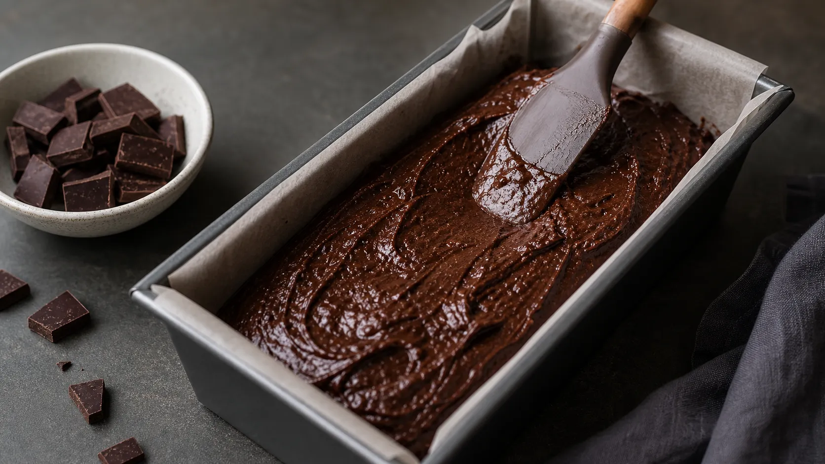Schokoladenteig in einer Kastenform mit glatter Oberfläche vor dem Backen