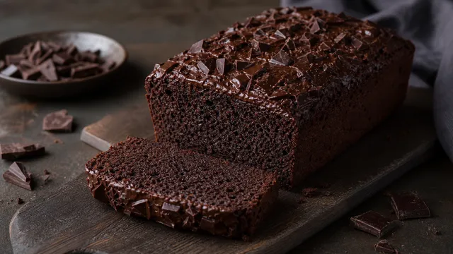 Saftiger Keto Schokoladenkuchen mit dunkler Krume und Schokoladenstücken angeschnitten