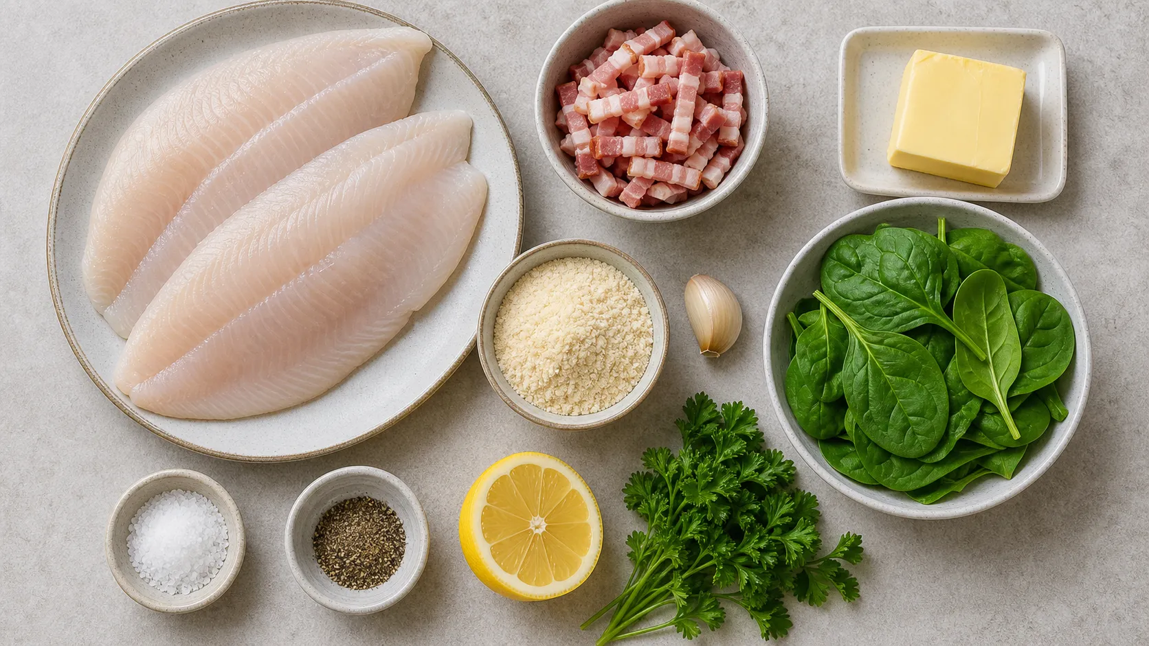Zutaten für Keto Schollenfilet Finkenwerder Art: Schollenfilet, Speck, Butter, Mandelmehl und Spinat
