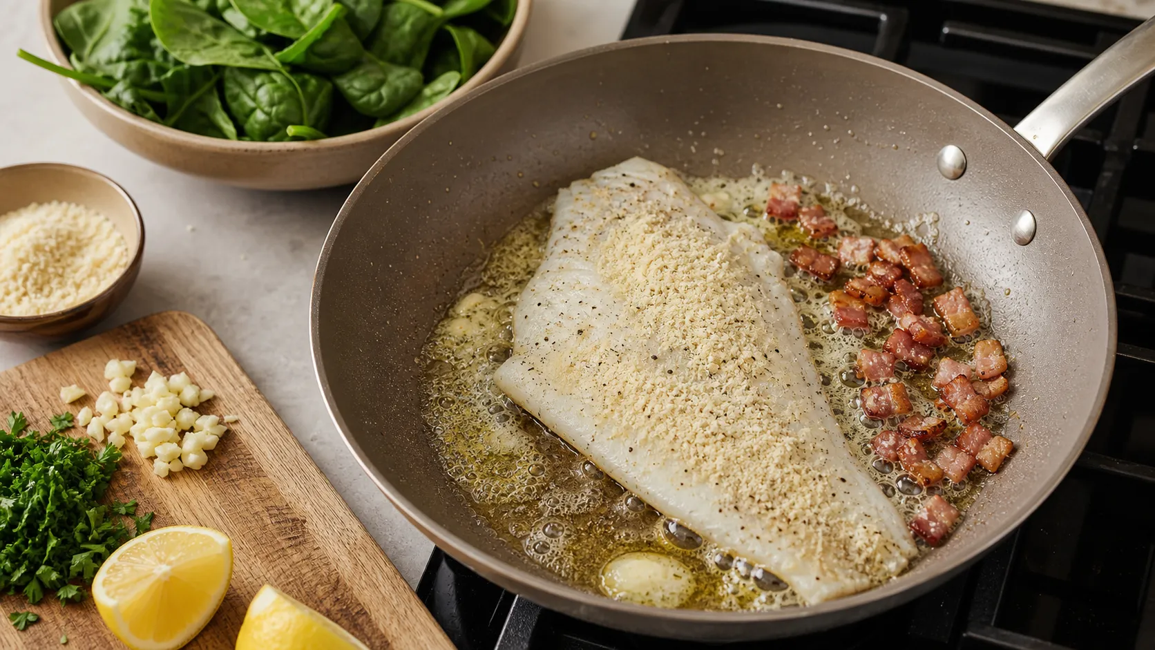 Schollenfilet brät in Butter in der Pfanne, daneben knusprige Speckwürfel