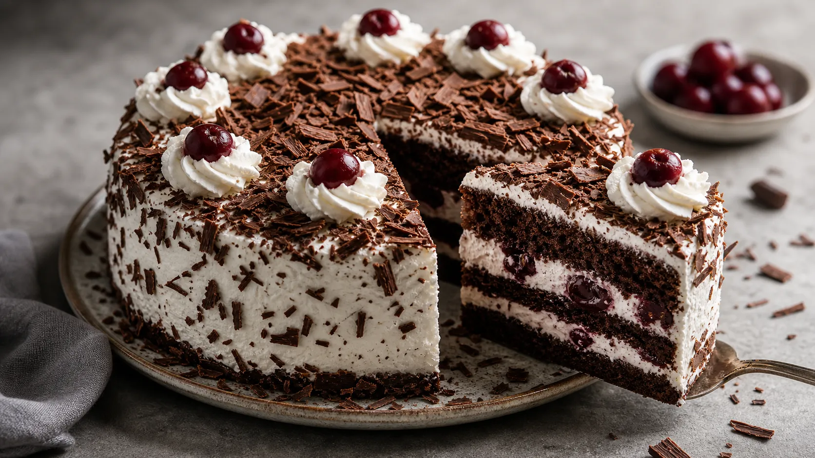 Keto Schwarzwälder Kirschtorte angeschnitten mit Schokoboden, Sahne und Sauerkirschen