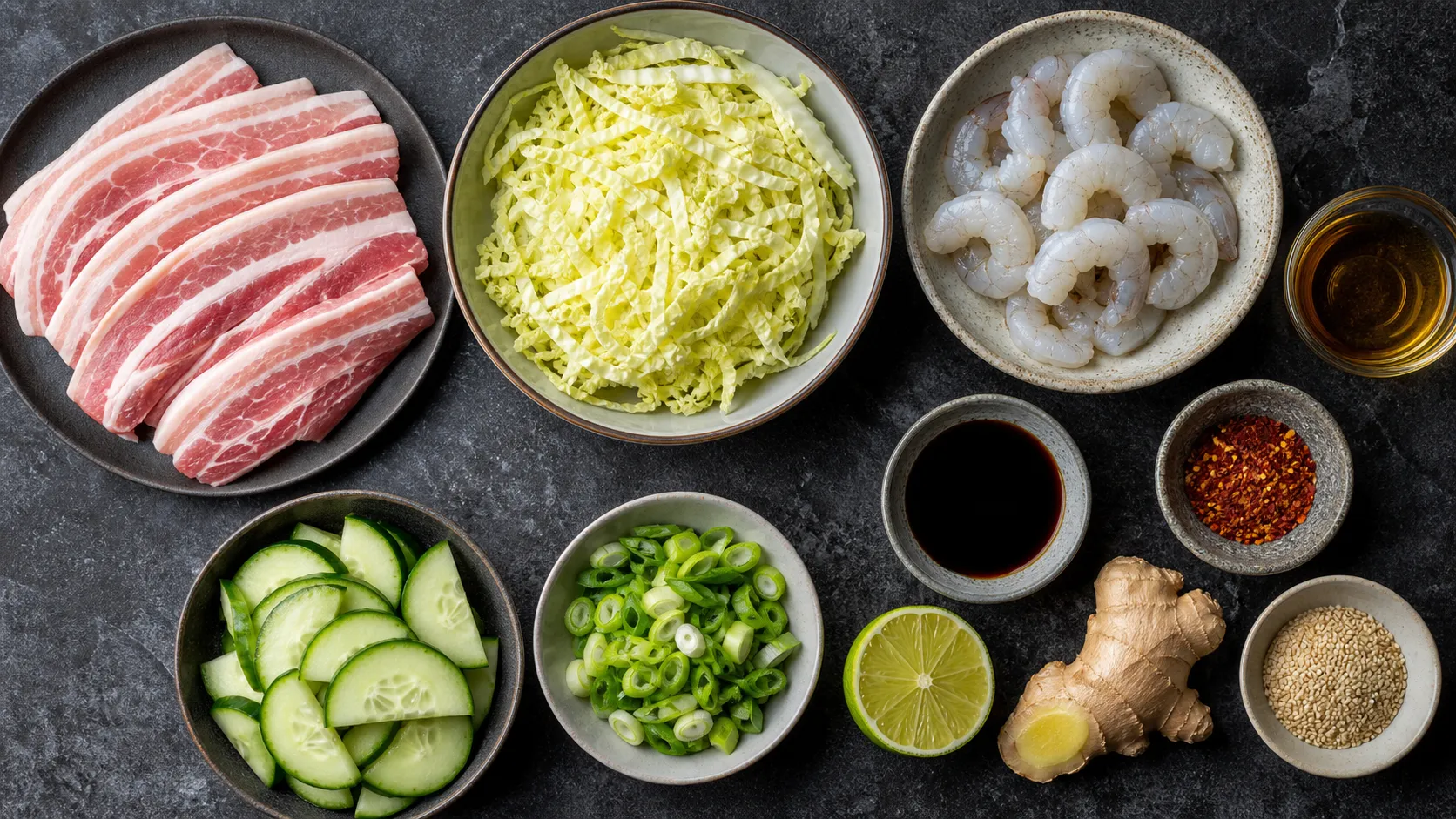 Zutaten für Keto Schweinebauch-Asia-Salat mit Garnelen als Flatlay