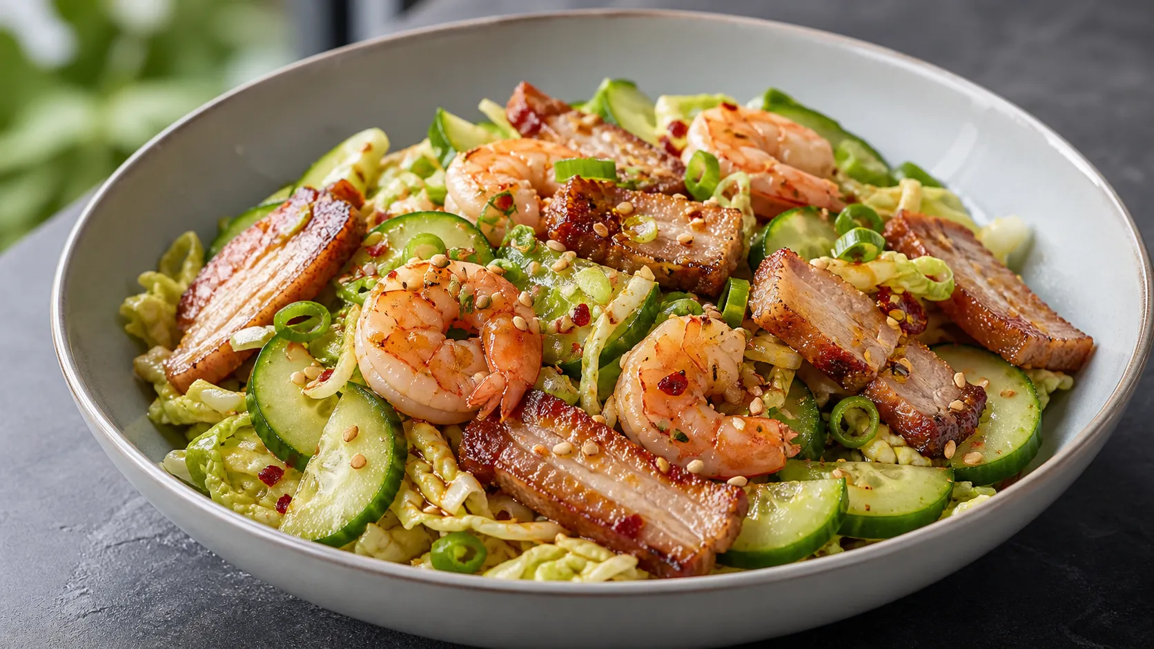 Keto Asia-Salat mit knusprigem Schweinebauch, Garnelen und Chinakohl