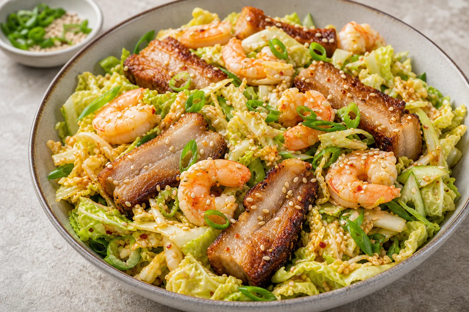 Keto Asia-Salat mit knusprigem Schweinebauch, Garnelen, Chinakohl und Sesamdressing in einer Schüssel